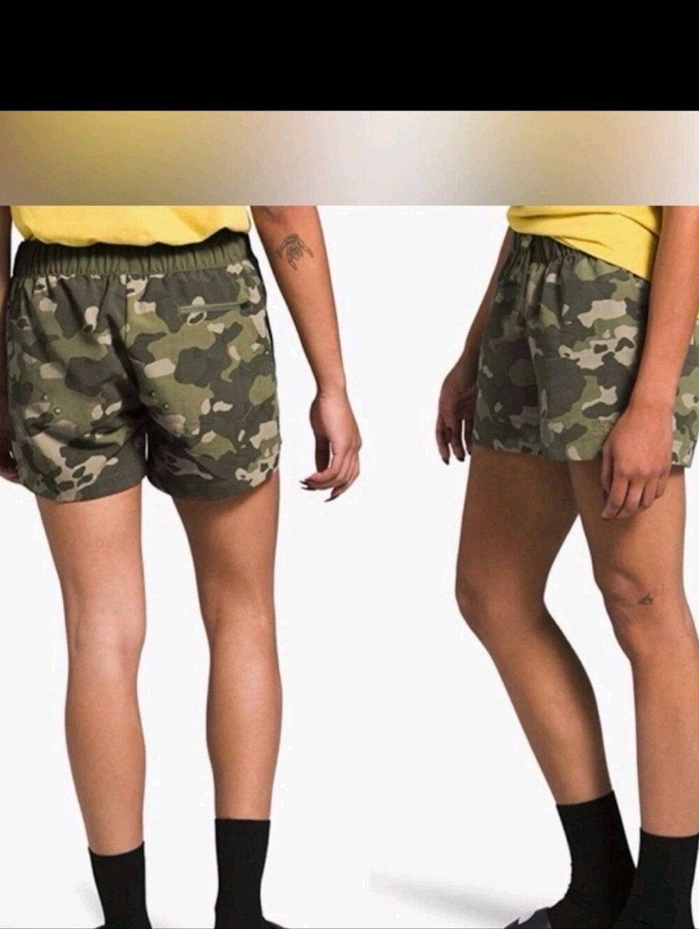The North Face Shorts Wmns Med  Green Camo Elastic Waist Running Athletic Pocket
